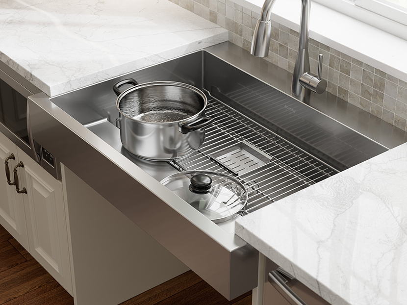 stainless steel farmhouse style kitchen sink